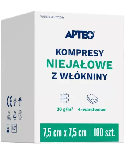 Apteo Kompresy niejałowe z włókniny 7,5 cm x 7,5 cm 100 sztuk zdjęcie