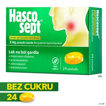 Hascosept smak cytrynowo-miodowy, 24 past. Na ból gardła, cena, opinie, dawkowanie