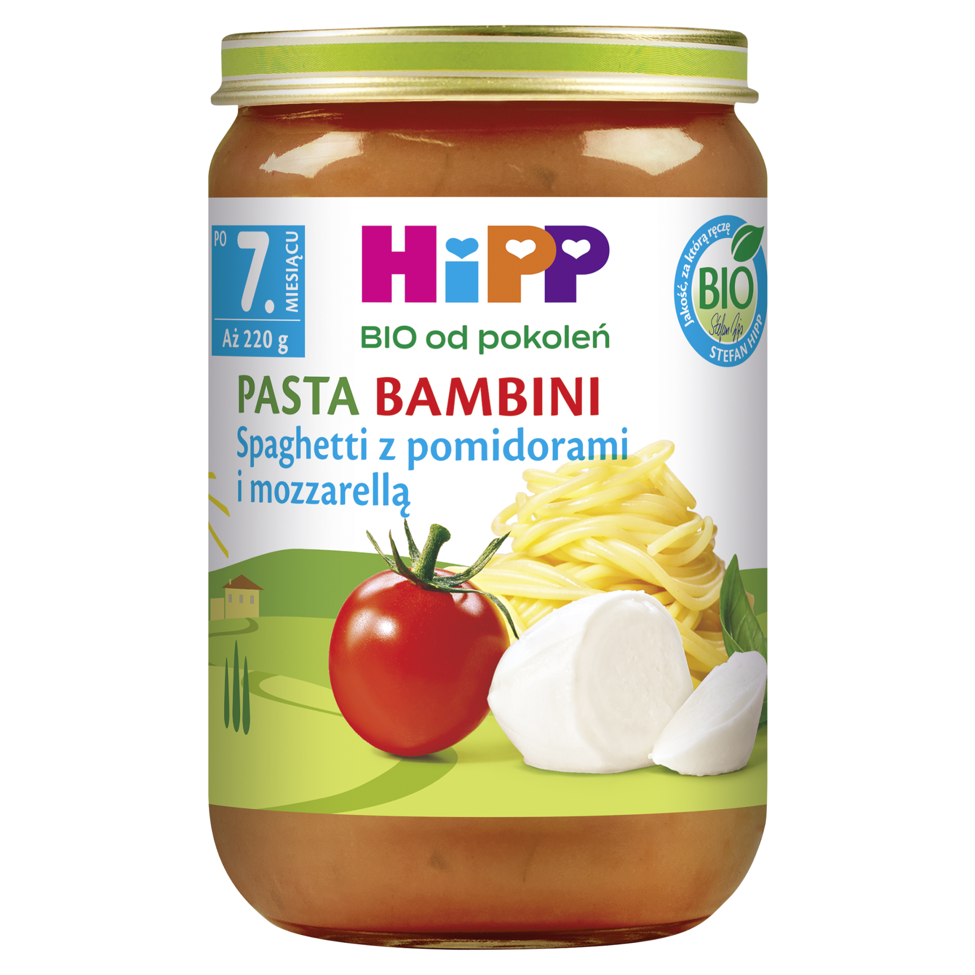 HiPP BIO od pokoleń, Spaghetti z pomidorami i mozarellą, po 7. m-cu, 220 g zdjęcie
