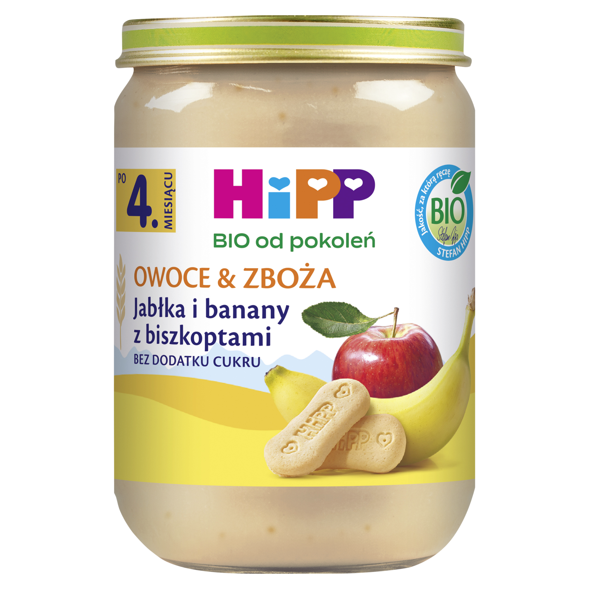 HiPP BIO od pokoleń, Jabłka i banany z biszkoptami, po 4. m-cu, 190 g, cena, opinie, właściwości zdjęcie