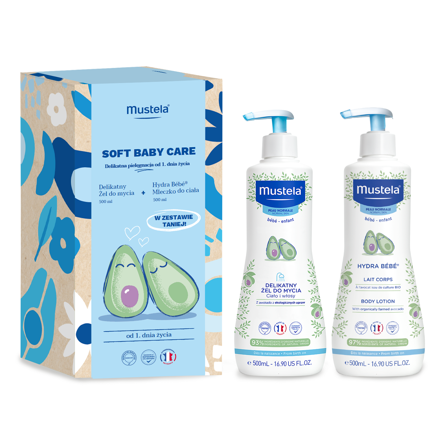 Mustela Soft Baby Care Delikatny żel do mycia, 500 ml + Hydra Bébé® mleczko do ciała, 500 ml zdjęcie