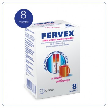 Fervex 500 mg + 25 mg + 200 mg lek na objawy przeziębienia i grypy smak malinowy 8 saszetek