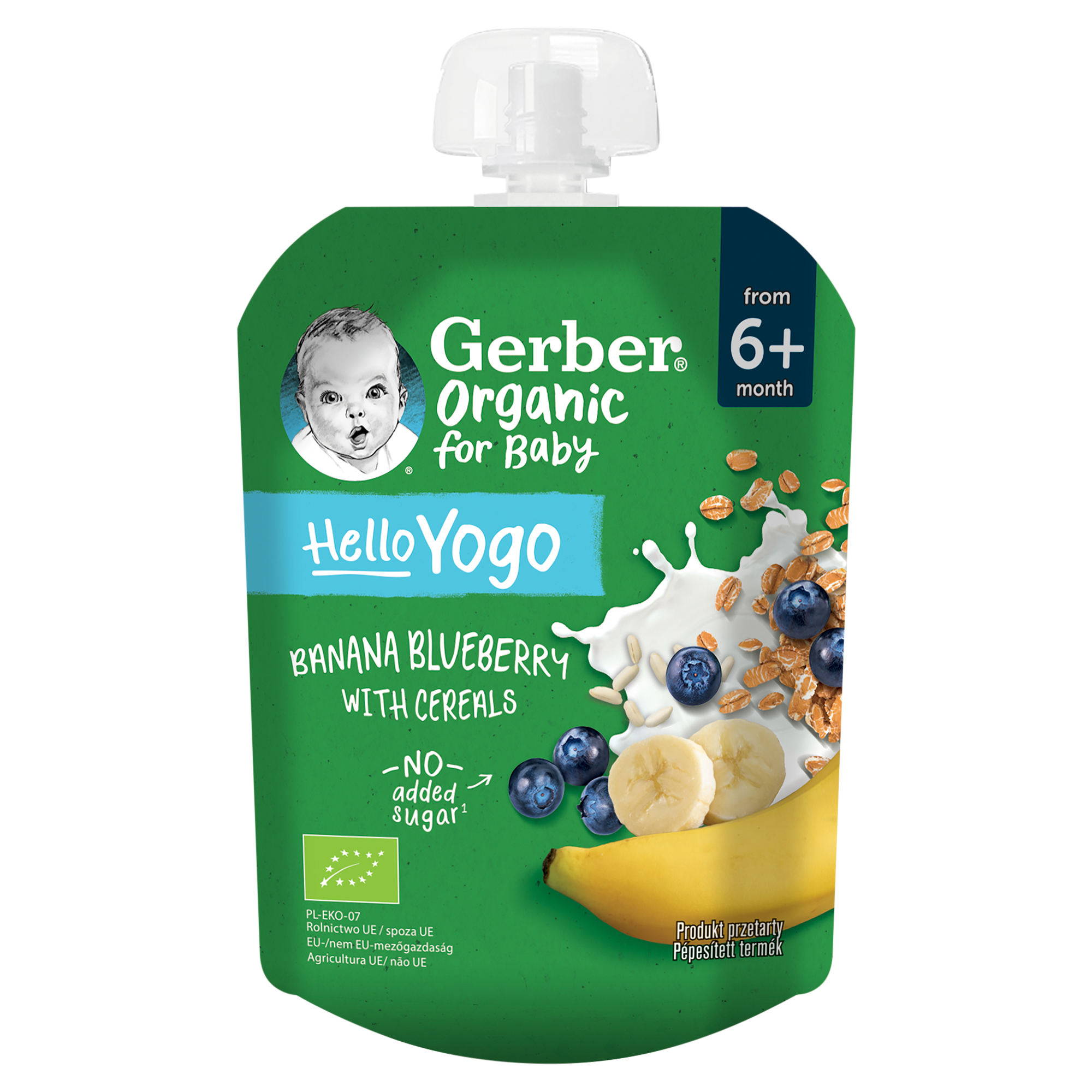 Gerber Organic For Baby Hello Yogo Deserek banany jagody z jogurtem i płatkami zbóż po 6. miesiącu, 80 g zdjęcie