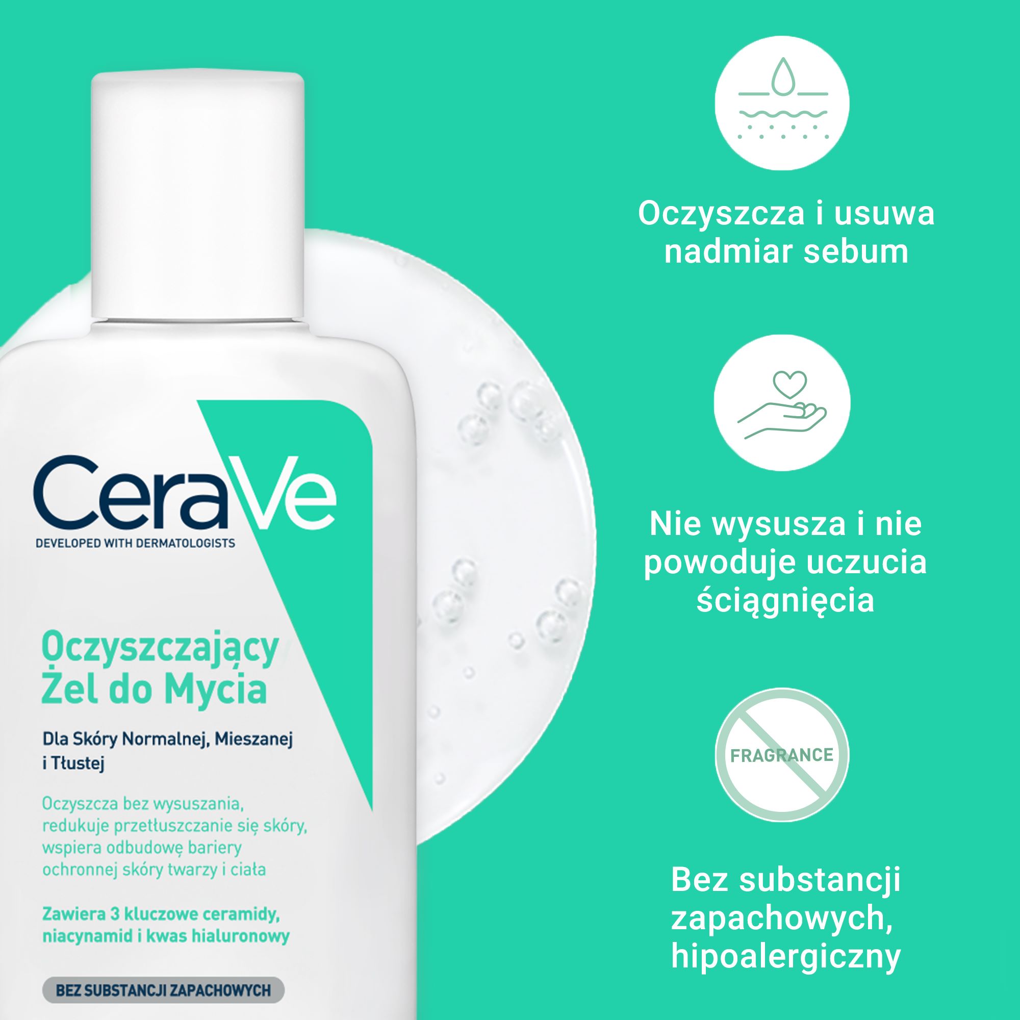 Cerave, Oczyszczający, żel do mycia z ceramidami dla skóry normalnej, mieszanej i tłustej, 88 ml