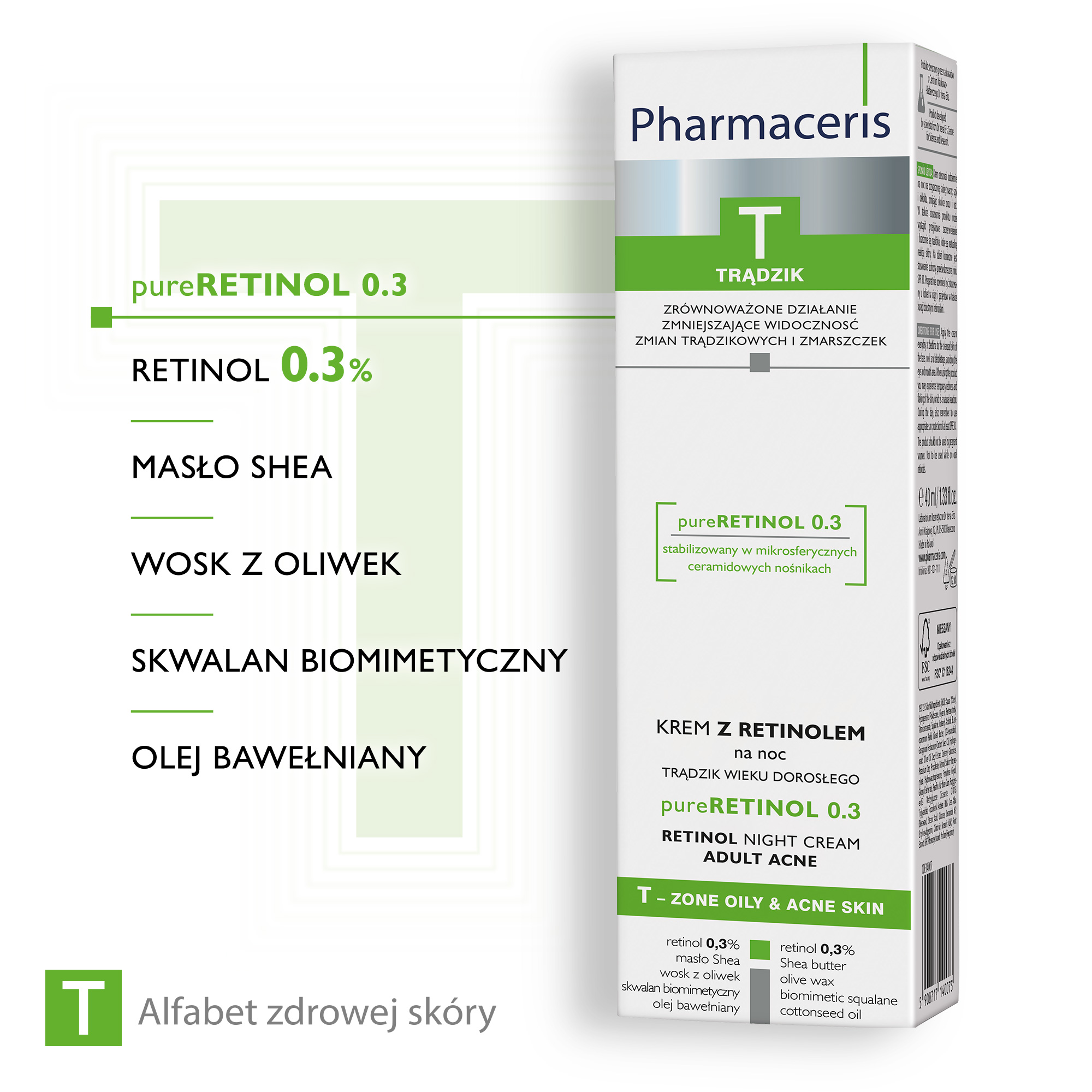 PHARMACERIS T PURERETINOL 0.3, krem z retinolem na trądzik wieku dorosłego na noc, 40 ml