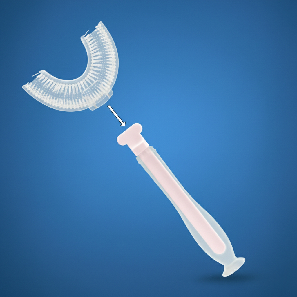 Bocioland, silikonowa szczoteczka do zębów w kształcie U różowa, 1 sztuka