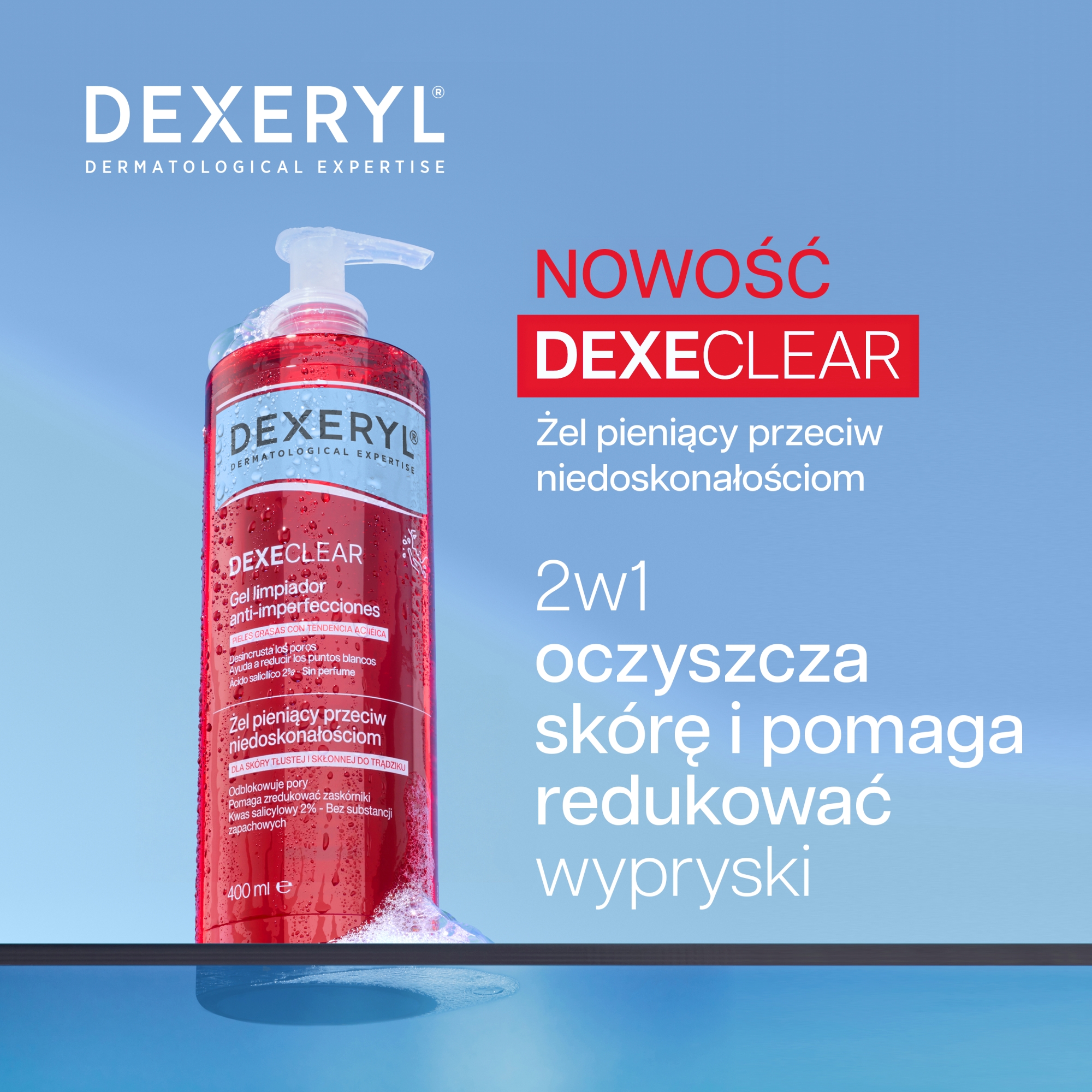 Dexeryl Dexeclear Żel pieniący przeciw niedoskonałościom, 400 ml