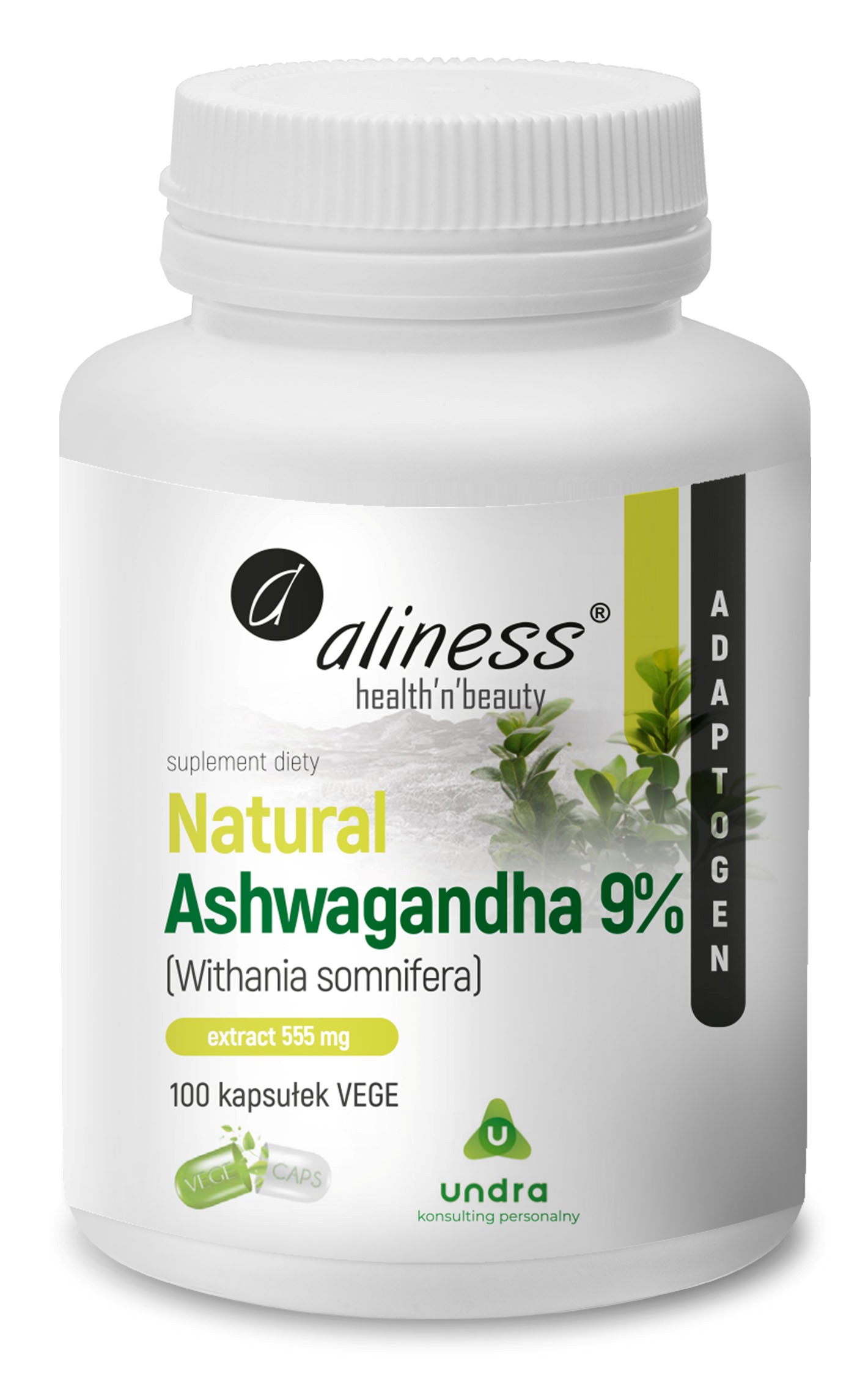 Aliness Natural Ashwagandha 9% 555 mg to suplement diety wspierający odporność na stres, witalność, równowagę psychiczną oraz zdrowie skóry i funkcje seksualne. Idealny dla dorosłych szukających naturalnego wsparcia organizmu. Zamów na wapteka.pl zdjęcie