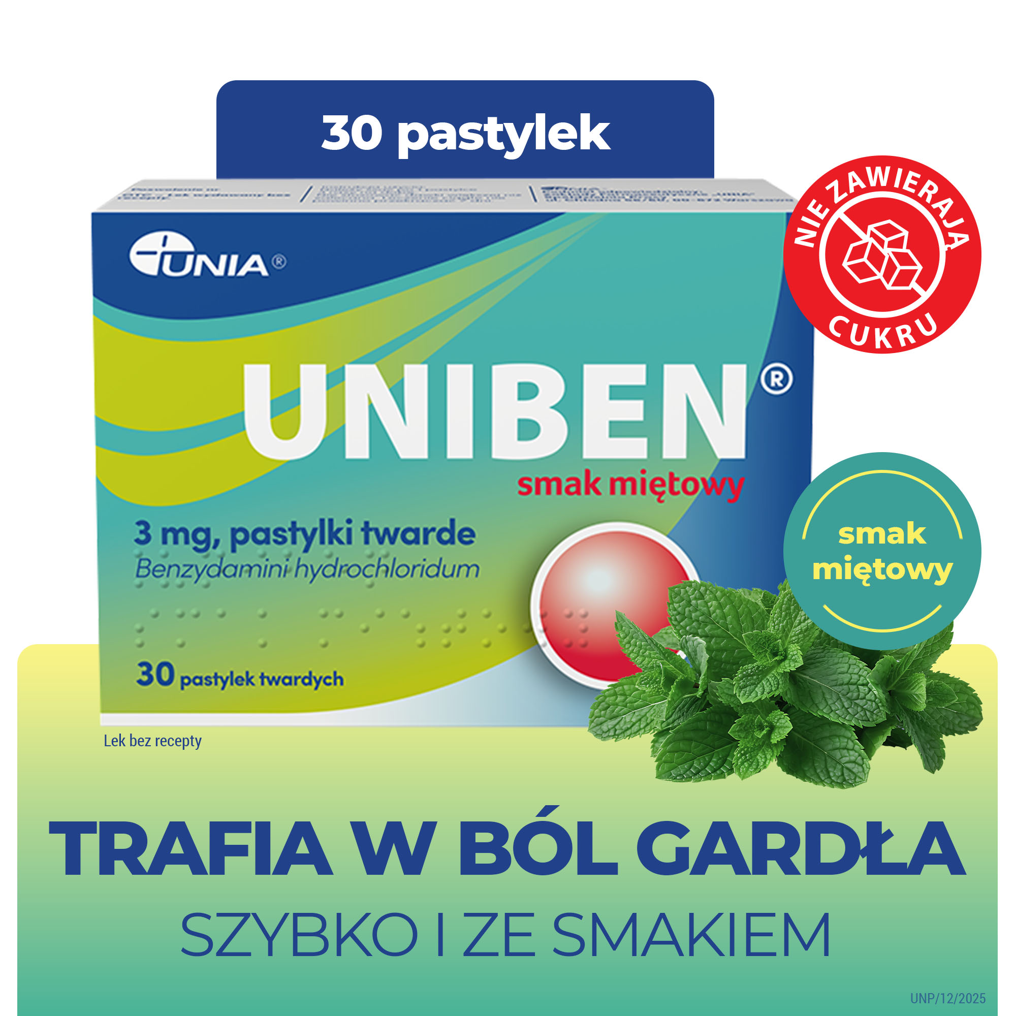 Uniben smak miętowy, 3 mg, pastylki twarde, 30 sztuk