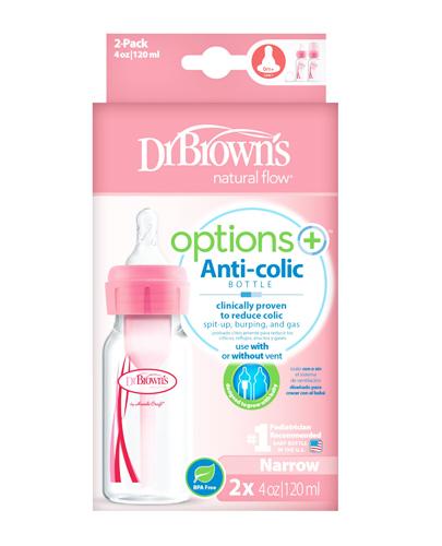 Dr Brown's Options + Butelka antykolkowa standard w kolorze różowym 120 ml - 2 szt. Do karmienia niemowląt - cena, opinie, stosowanie zdjęcie