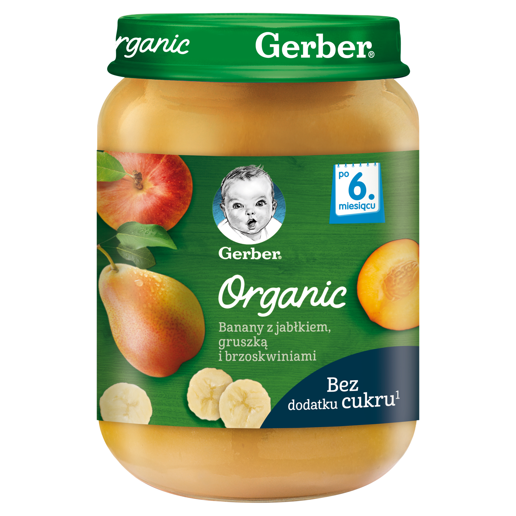 Gerber Organic Banany z jabłkiem, gruszką i brzoskwiniami po 6 miesiącu - 190 g - cena, opinie, wskazania zdjęcie