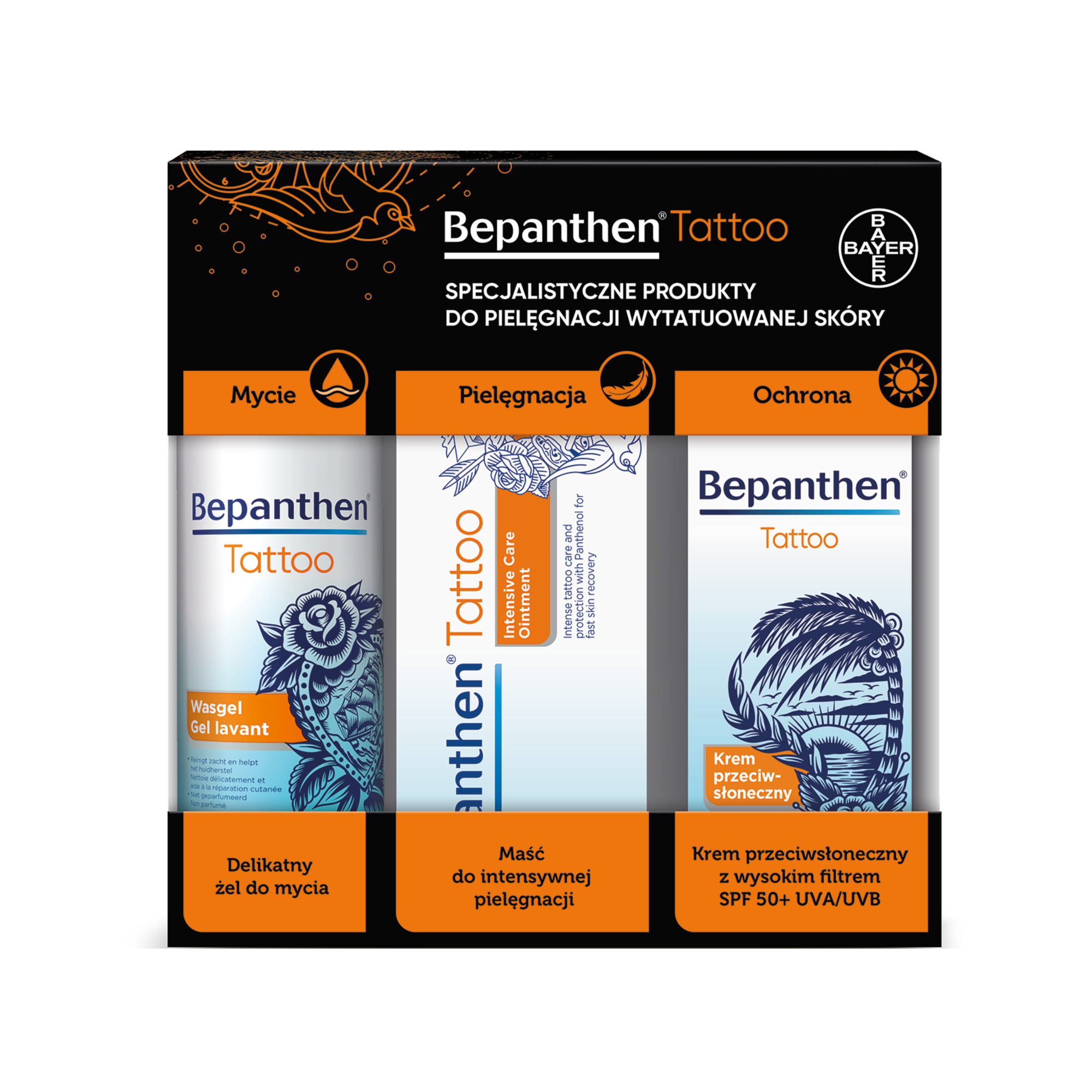 Bephanten Tattoo Delikatny żel do mycia, 200 ml + Maść do intensywnej pielęgnacji, 50 g+ Krem przeciwsłoneczny SPF50+, 50 g zdjęcie