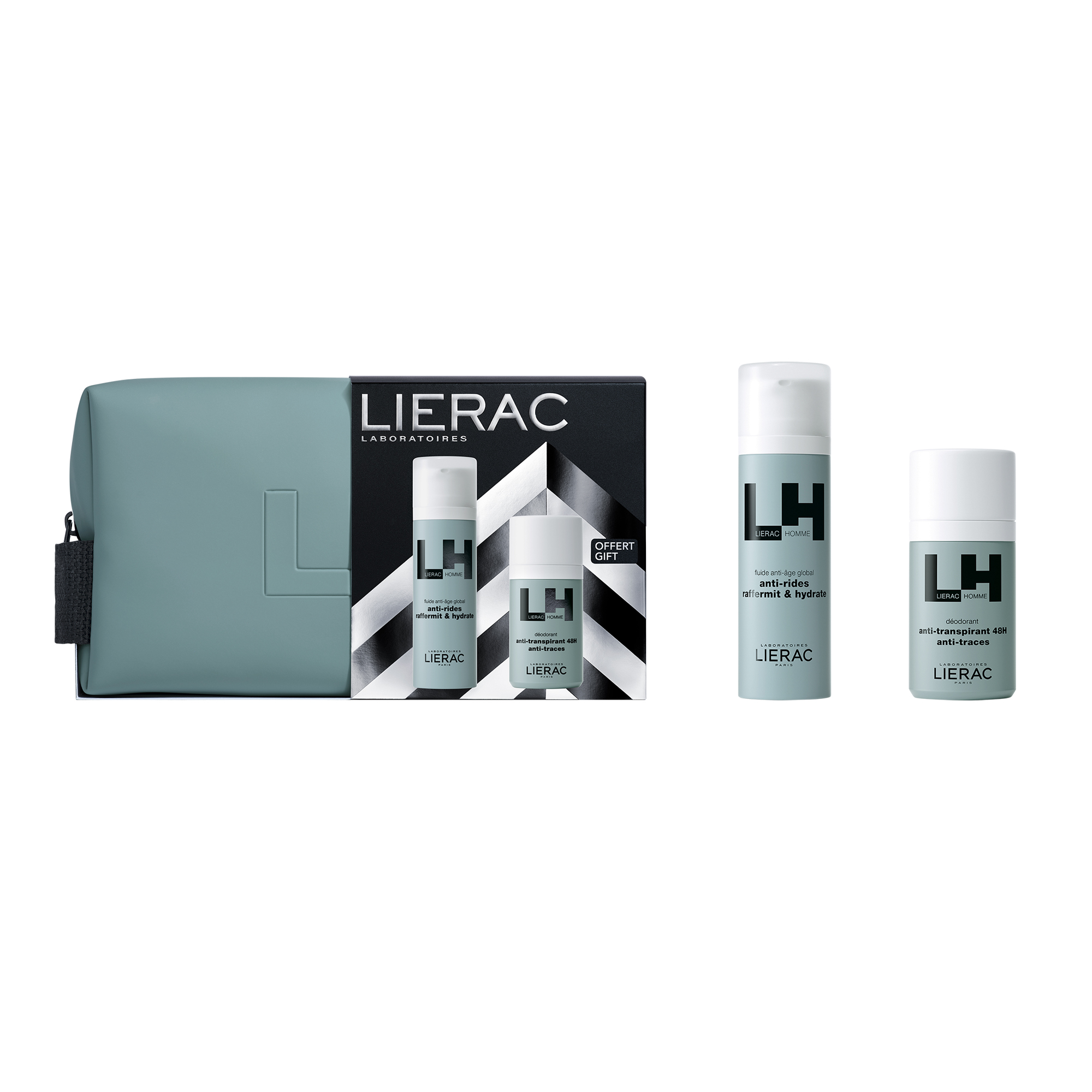 Zestaw Lierac Homme, emulsja Anti-aging, 50 ml + dezodorant, 50 ml + kosmetyczka