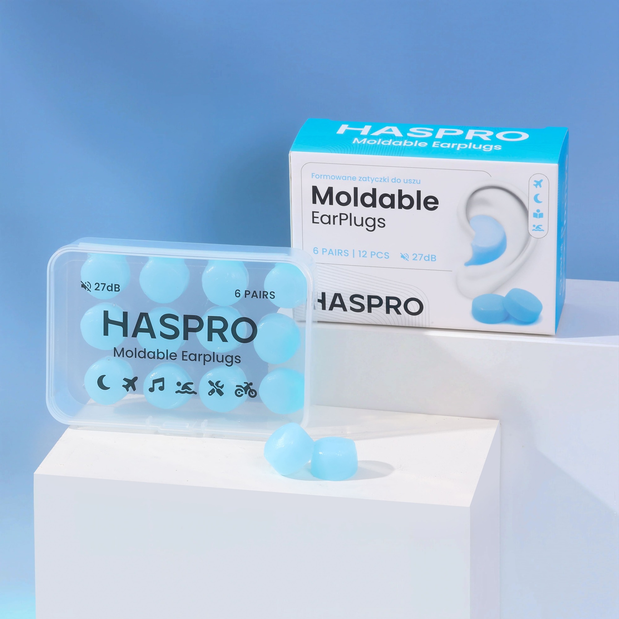 Haspro Moldable Earplugs 27 dB Formowane zatyczki do uszu kolor niebieski, 6 par/12 sztuk
