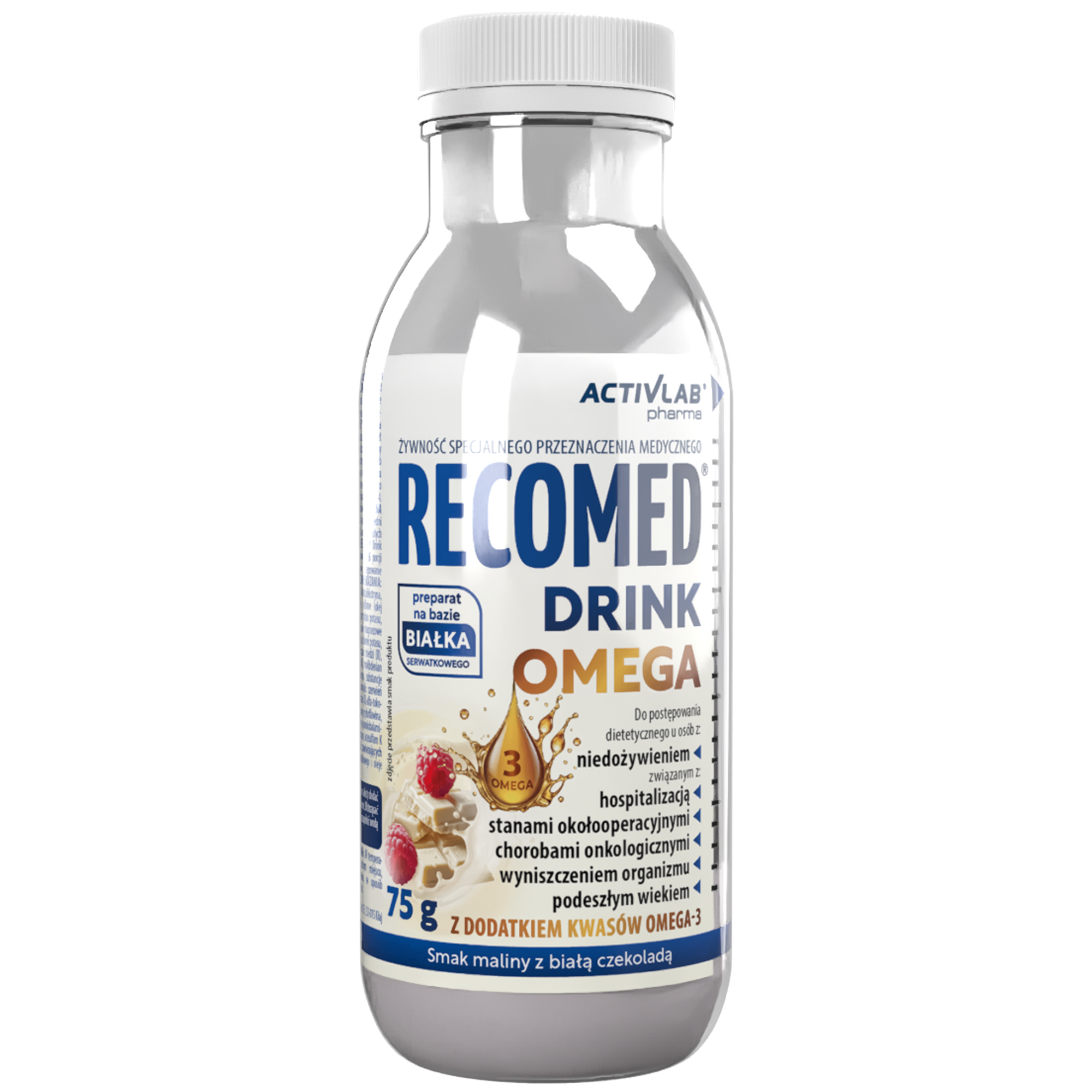Recomed Drink Omega, malina - biała czekolada, butelka, 75 g