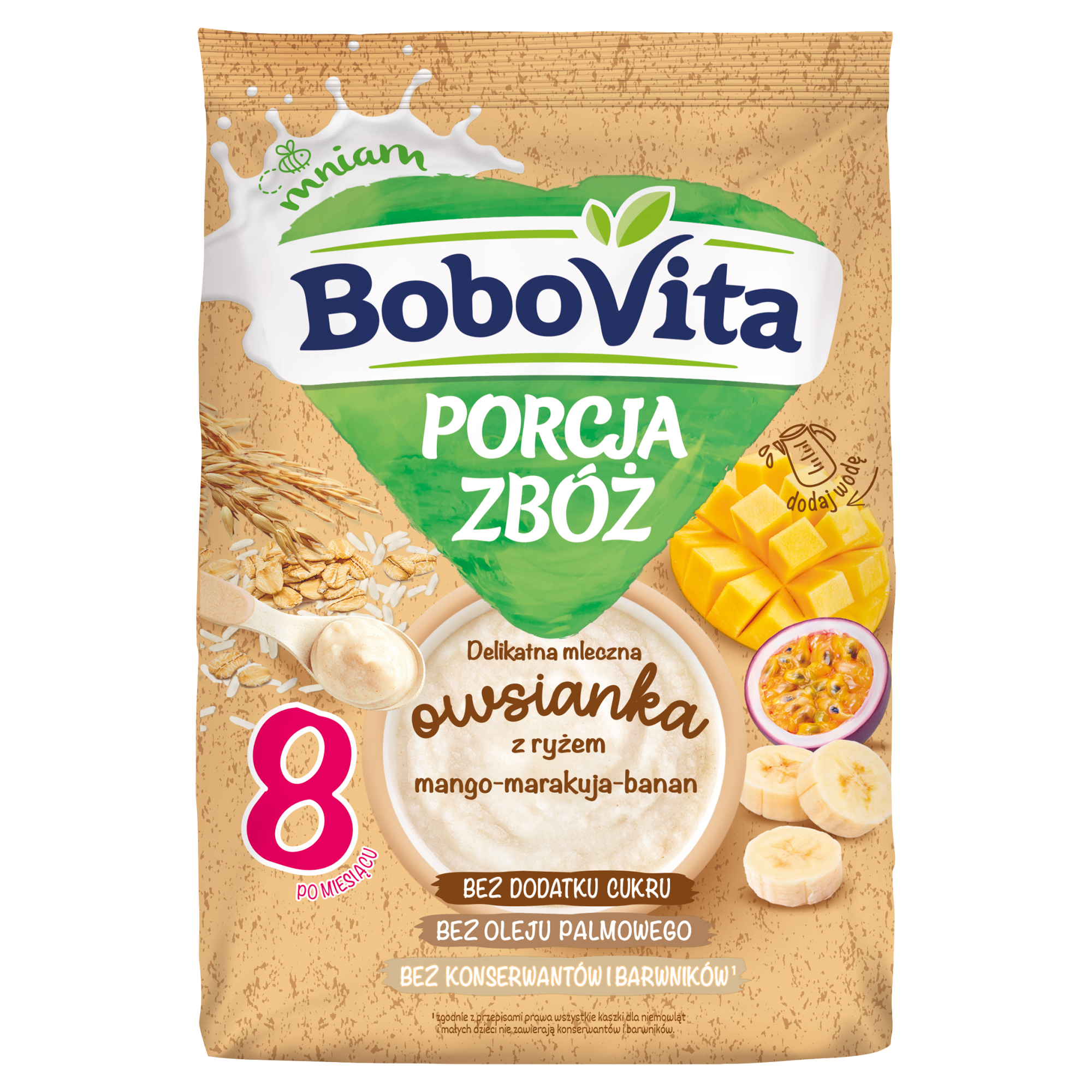 BoboVita Porcja Zbóż Delikatna Mleczna Owsianka z ryżem mango-marakuja-banan po 8. miesiącu, 210 g zdjęcie