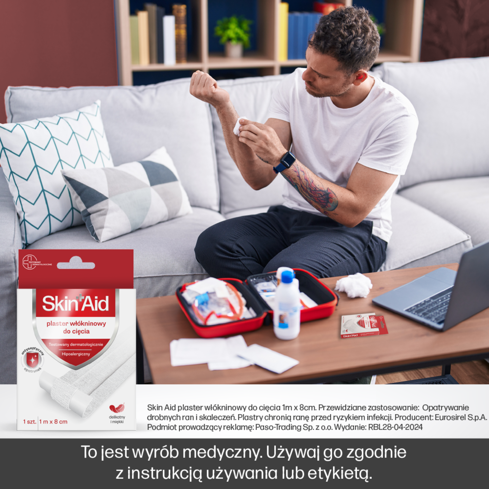 Skin Aid, plaster włókninowy, 1 m x 8 cm, 1 sztuka