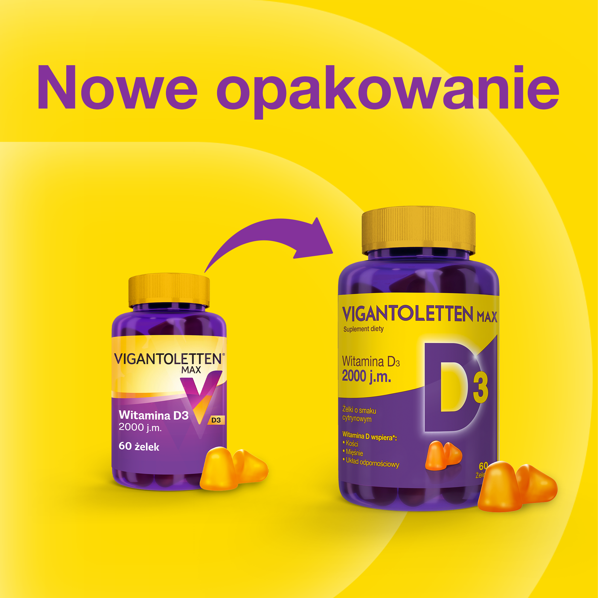 Vigantoletten Max, Witamina D3 2000 j.m., żelki o smaku cytrynowym, 60 sztuk