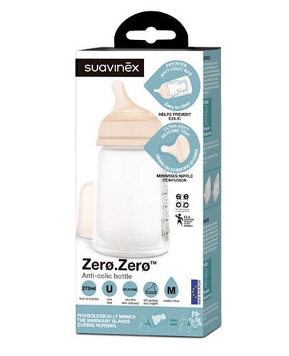 Suavinex Zero Zero Butelka antykolkowa - 270 ml Butelka ze smoczkiem o średnim przepływie - cena, opinie, stosowanie  zdjęcie