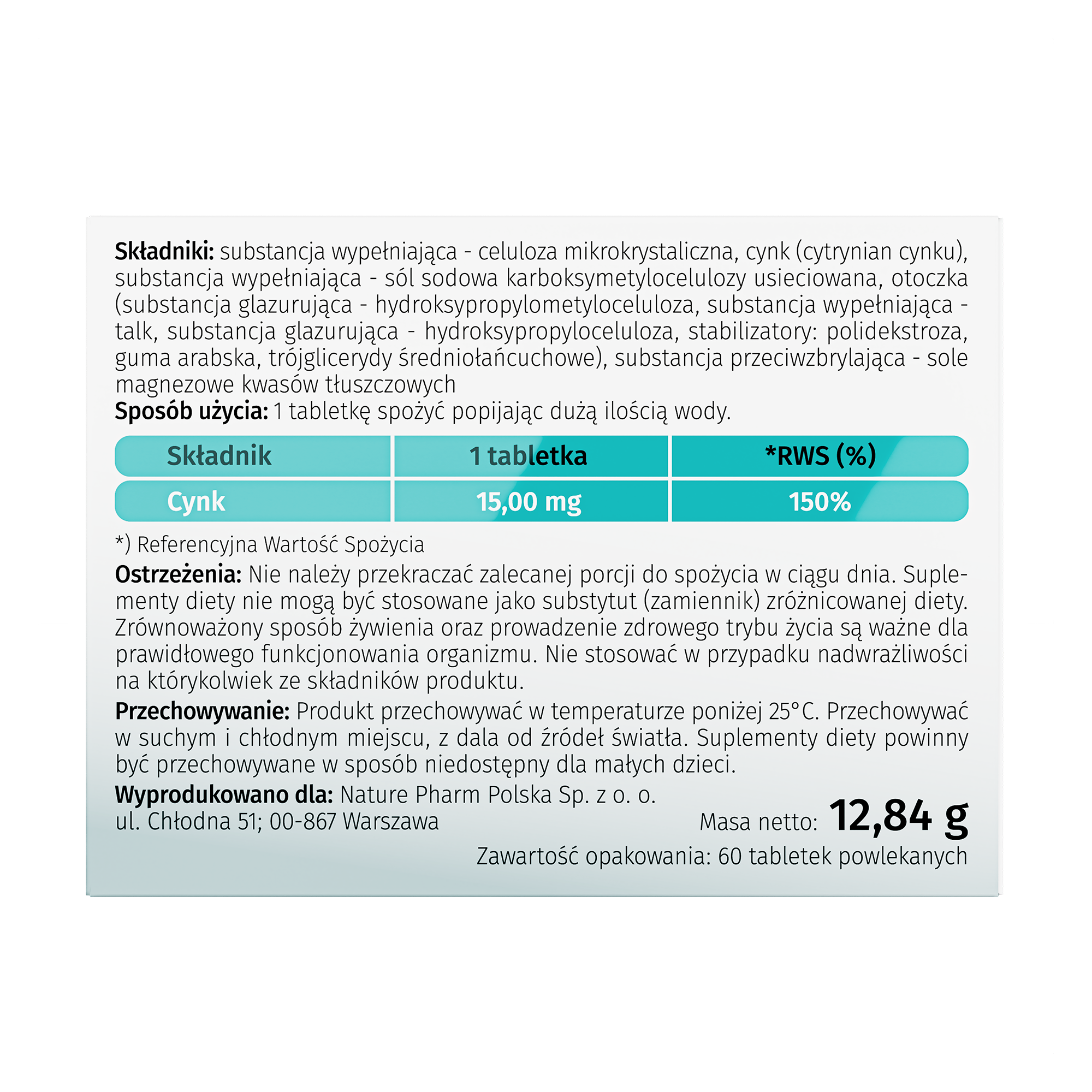 Nature Pharm Cynk 15 mg, 60 tabletek