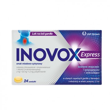 Inovox Express 2 mg + 0,6 mg + 1,2 mg na gardło smak miodowo-cytrynowy 24 pastylki