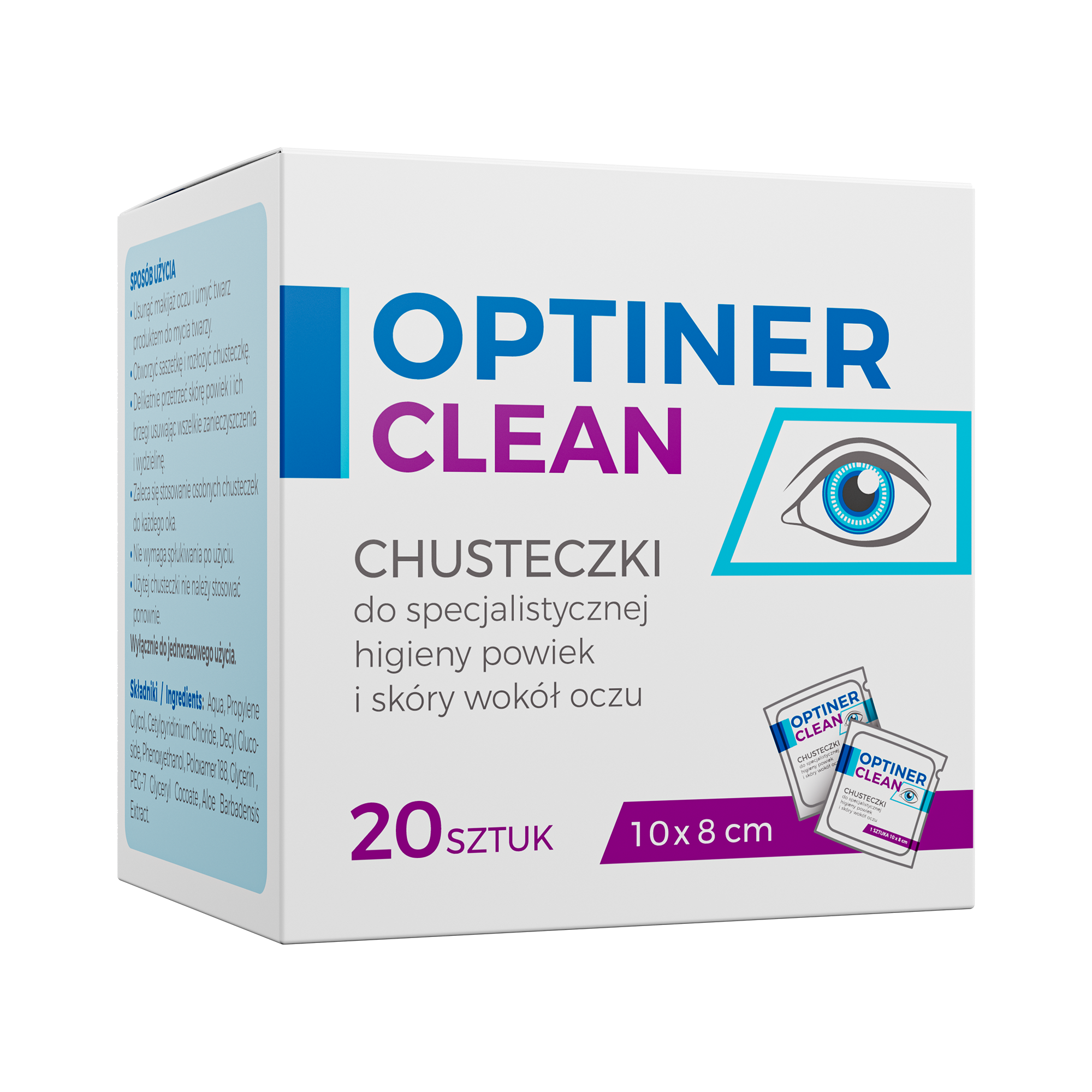 Optiner Clean, Chusteczki do specjalistycznej higieny powiek i skóry wokół oczu, 20 sztuk