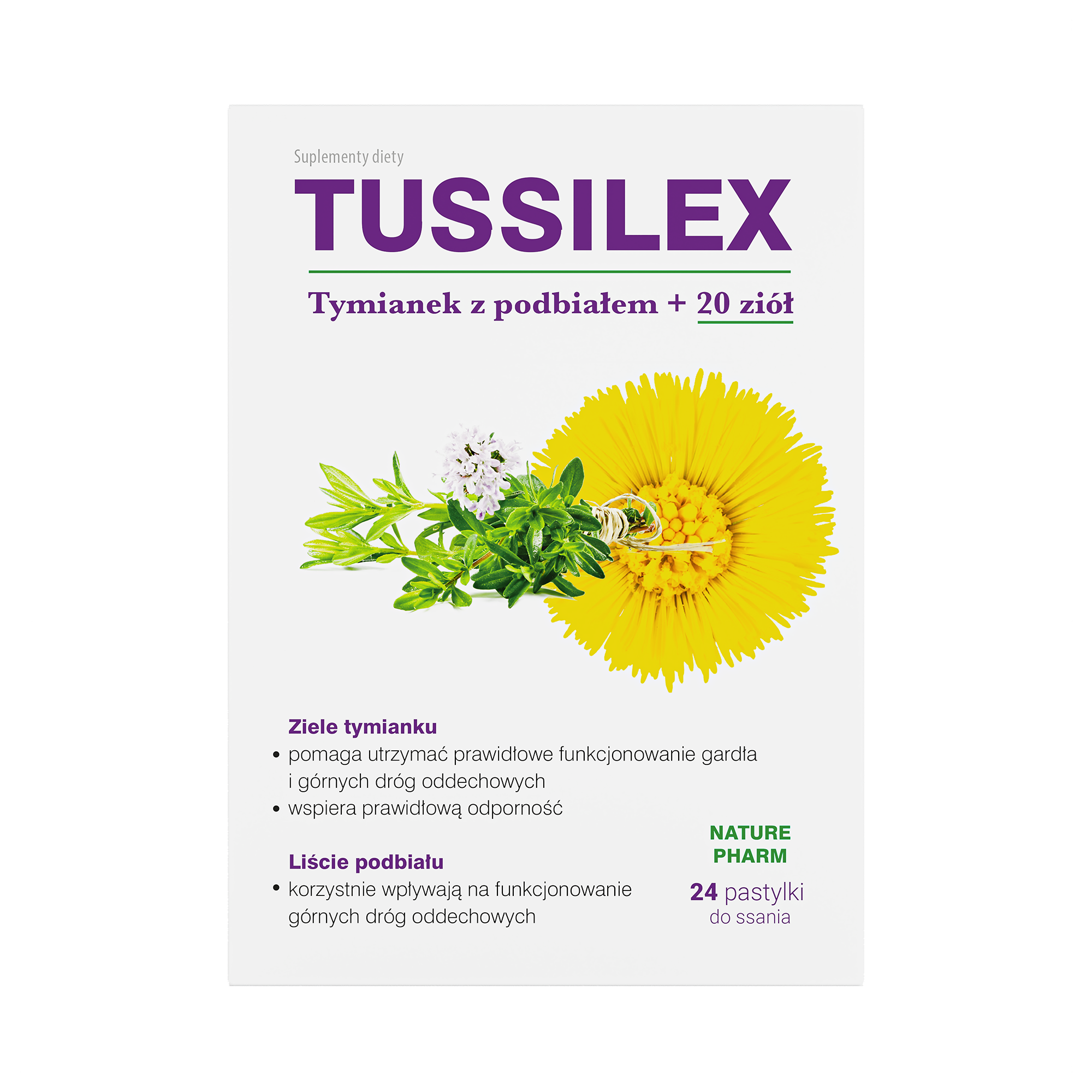 Tussilex Tymianek Z Podbiałem + 20 Ziół, pastylki do ssania, 24 sztuki zdjęcie