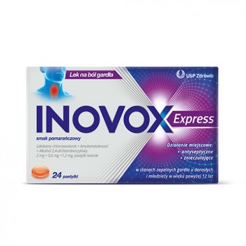 Inovox Express 2 mg + 0,6 mg + 1,2 mg na gardło smak pomarańczowy 24 pastylki