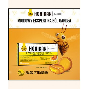 Honikan Gardło Pastylki do ssania smak cytrynowy dwufazowe, 16 sztuk