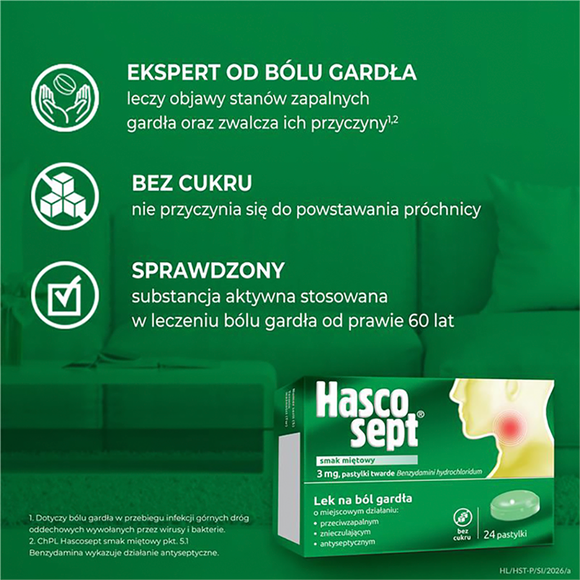 Hascosept Pastylki do ssania o smaku miętowym 24 sztuki