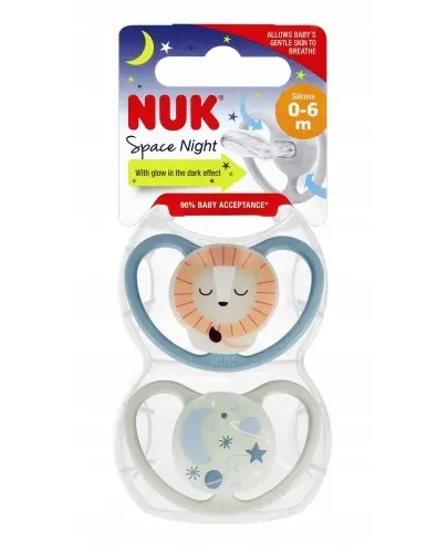 NUK Space Night smoczek silikonowy uspokajający świecący w ciemności 0-6m kolor niebieski-szary 2 sztuki  zdjęcie