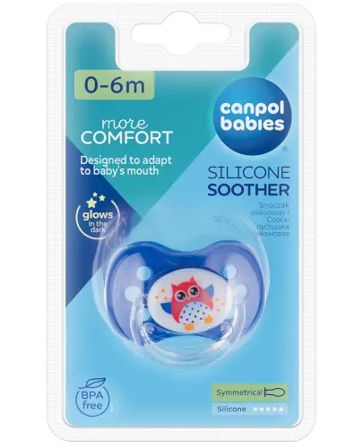 Canpol Babies smoczek silikonowy symetryczny sówki ze świecącym uchwytem 0-6 m-cy 1 sztuka [22/568] zdjęcie