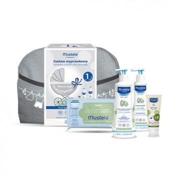 Mustela Zestaw Wyprawkowy Delikatny Żel do mycia, 500 ml + Mleczko do ciała, 300 ml + Krem do przewijania, 75 ml + Chusteczki oczyszczające, 60 sztuk