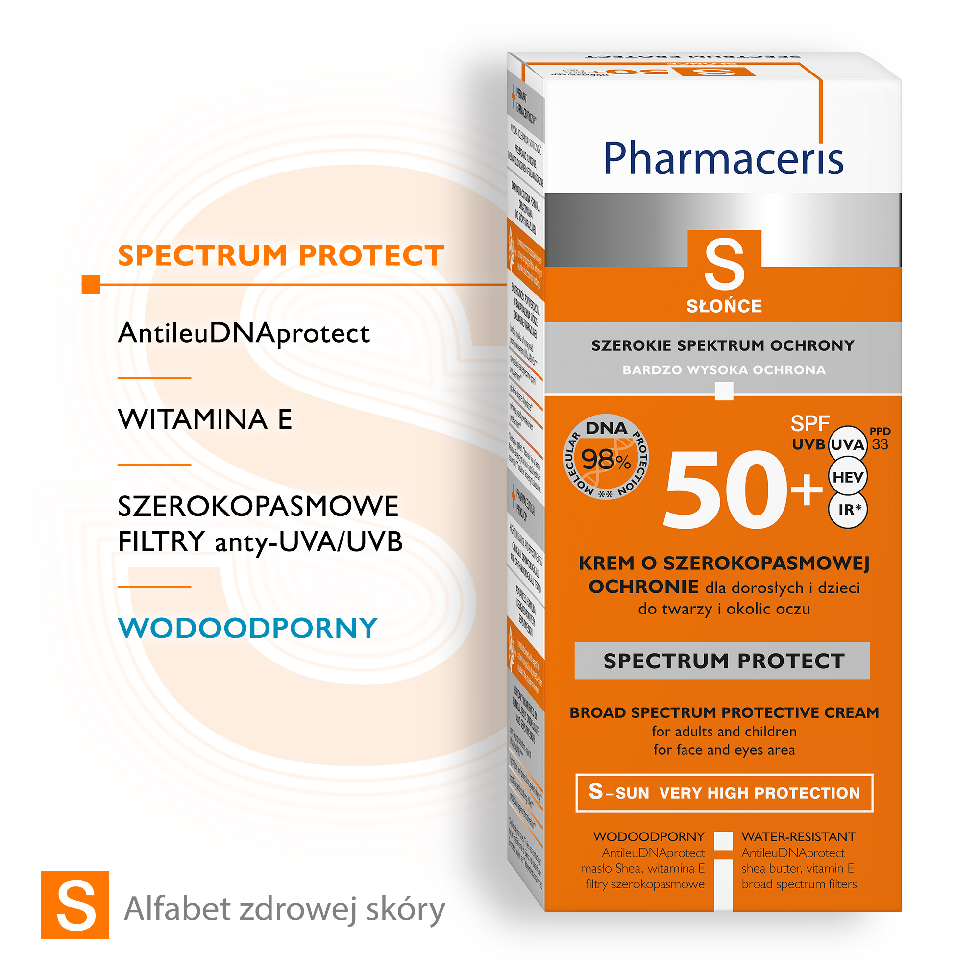 PHARMACERIS S, Krem o szerokopasmowej ochronie SPF 50+, PPD 30, HEV, IR dla dorosłych i dzieci, 50 ml
