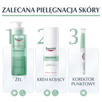 Eucerin DermoPure Krem kojący w trakcie kuracji przeciwtrądzikowych skóra trądzikowa i z niedoskonałościami, 50 ml

**Wskazania:**
- Skóra trądzikowa
- Skóra z niedoskonałościami

**Skład:**
- [Proszę uzupełnić skład według dostępnych informacji]