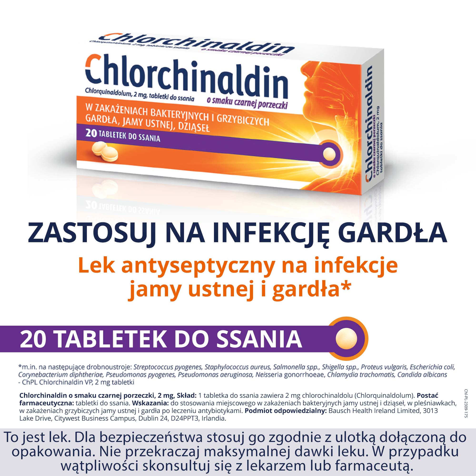 Chlorchinaldin 2mg o smaku czarnej porzeczki 20 tabletek do ssania