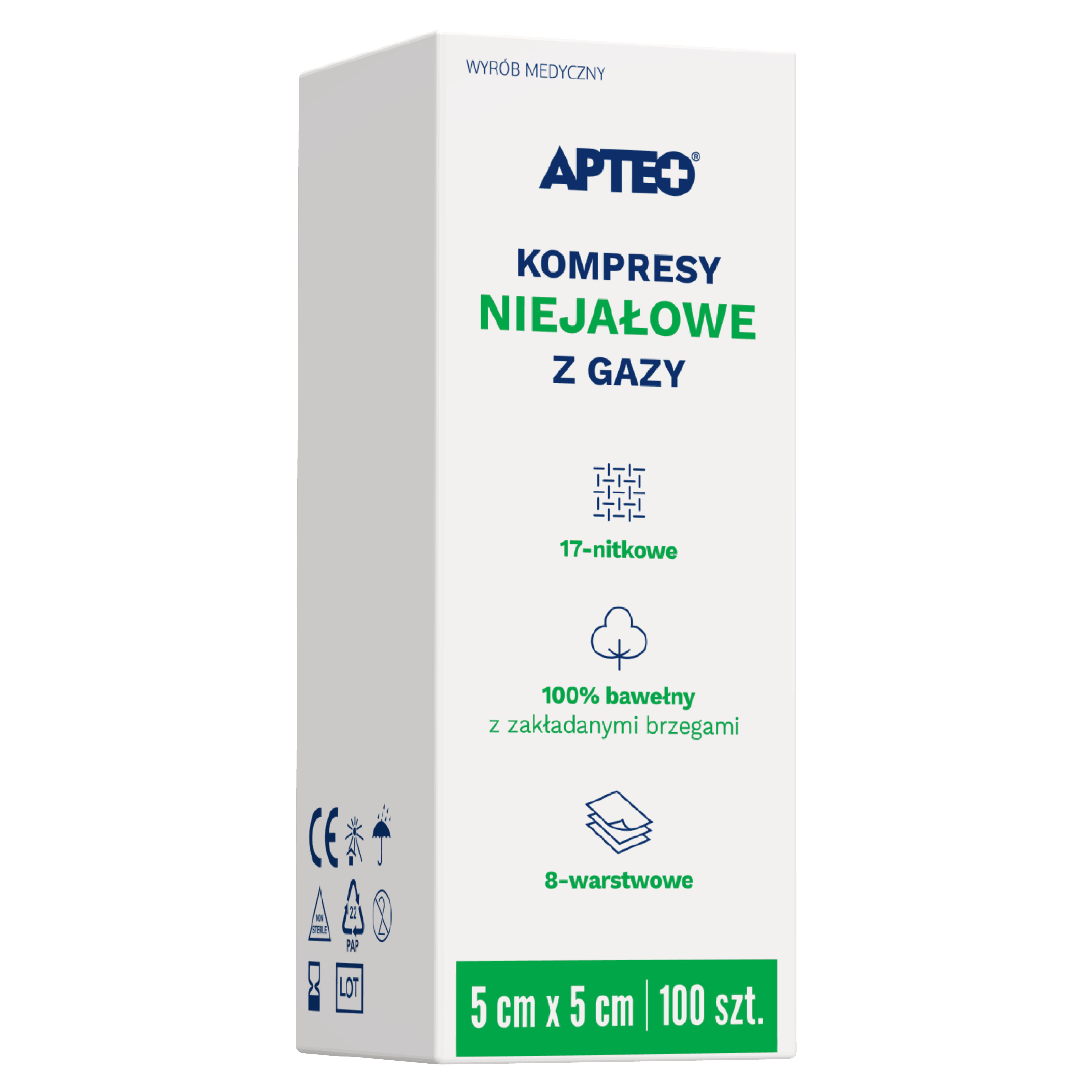 Apteo Care kompresy z gazy niejałowe 17 nitek 5cm x 5cm 100 sztuk zdjęcie