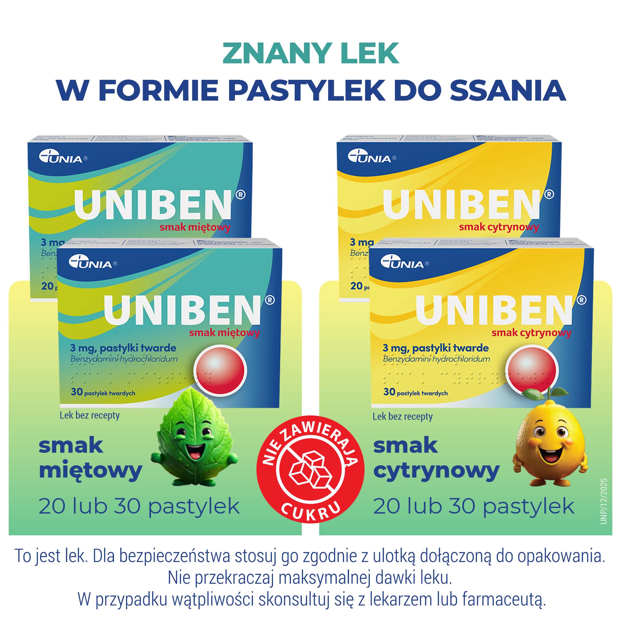 Uniben smak miętowy, 3 mg, pastylki twarde, 20 sztuk