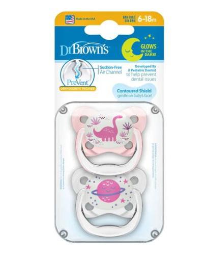 Dr Brown's Prevent Smoczek ortodontyczny świecący w ciemności różowy 6-18 m, 2 sztuki zdjęcie
