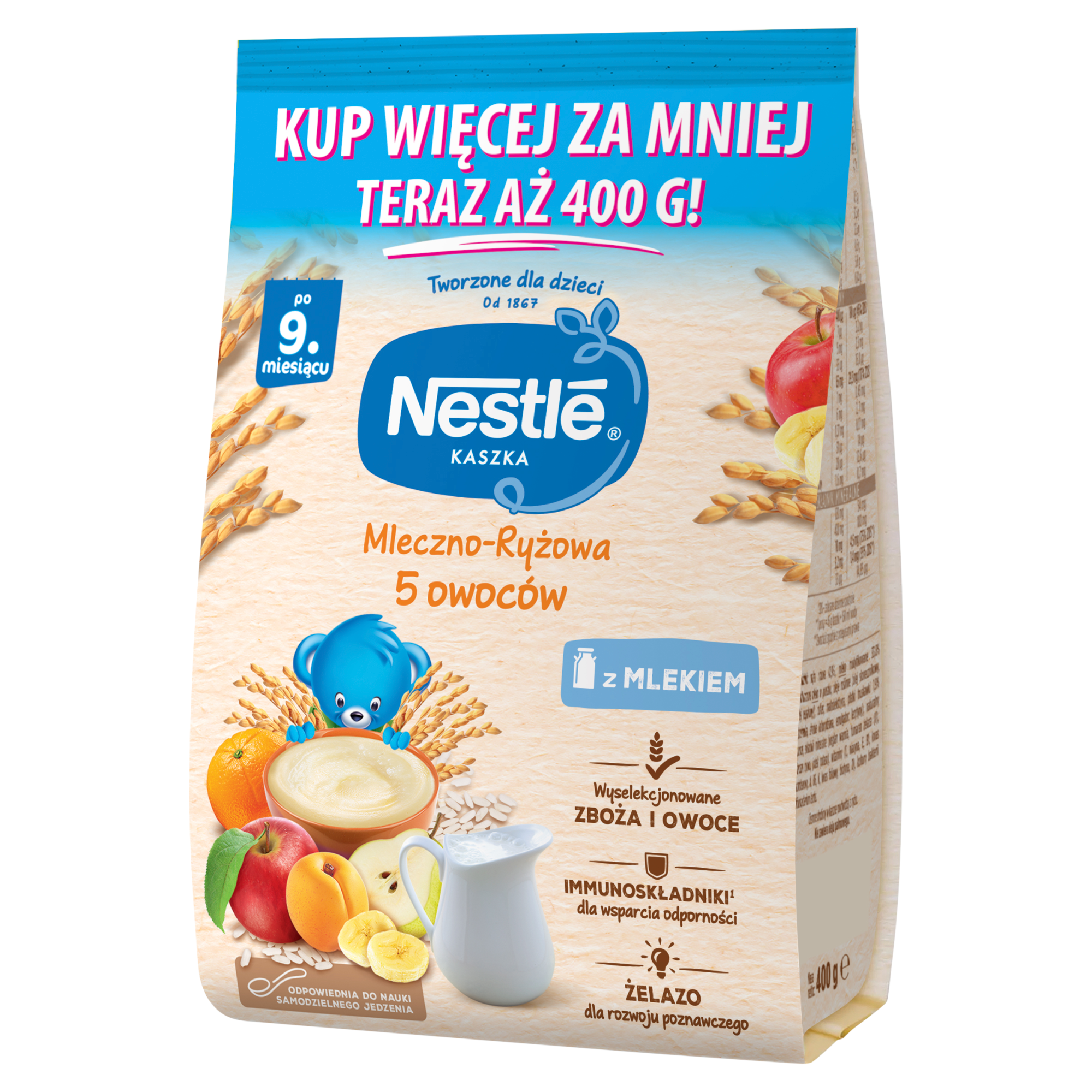 Nestle Kaszka mleczno-ryżowa 5 owoców dla niemowląt po 9. miesiącu, 400 g zdjęcie