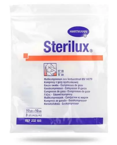 Hartmann Sterilux kompresy jałowe ze 100% gazy bawełnianej 17 nitek 8 warstw 10cm x 10cm 3 sztuki zdjęcie
