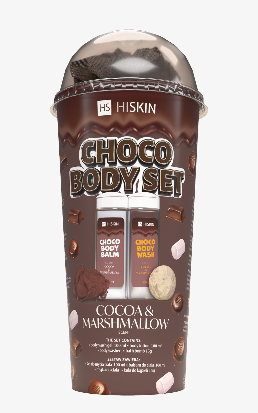 Hiskin Choco Body Set czekoladowy zestaw, żel pod prysznic, 100 ml, balsam do ciała, 100 ml, myjka, 1 sztuka, mini kula do kąpieli, 15 g zdjęcie