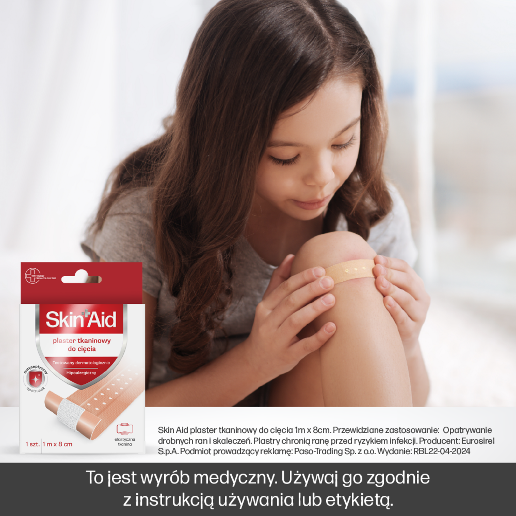 Skin Aid, plaster tkaninowy do cięcia, 1 m x 8 cm, 1 sztuka