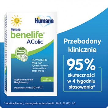 Humana Benelife AColic, wsparcie w kolce, krople dla niemowląt, 30 ml, cena, wskazania, stosowanie