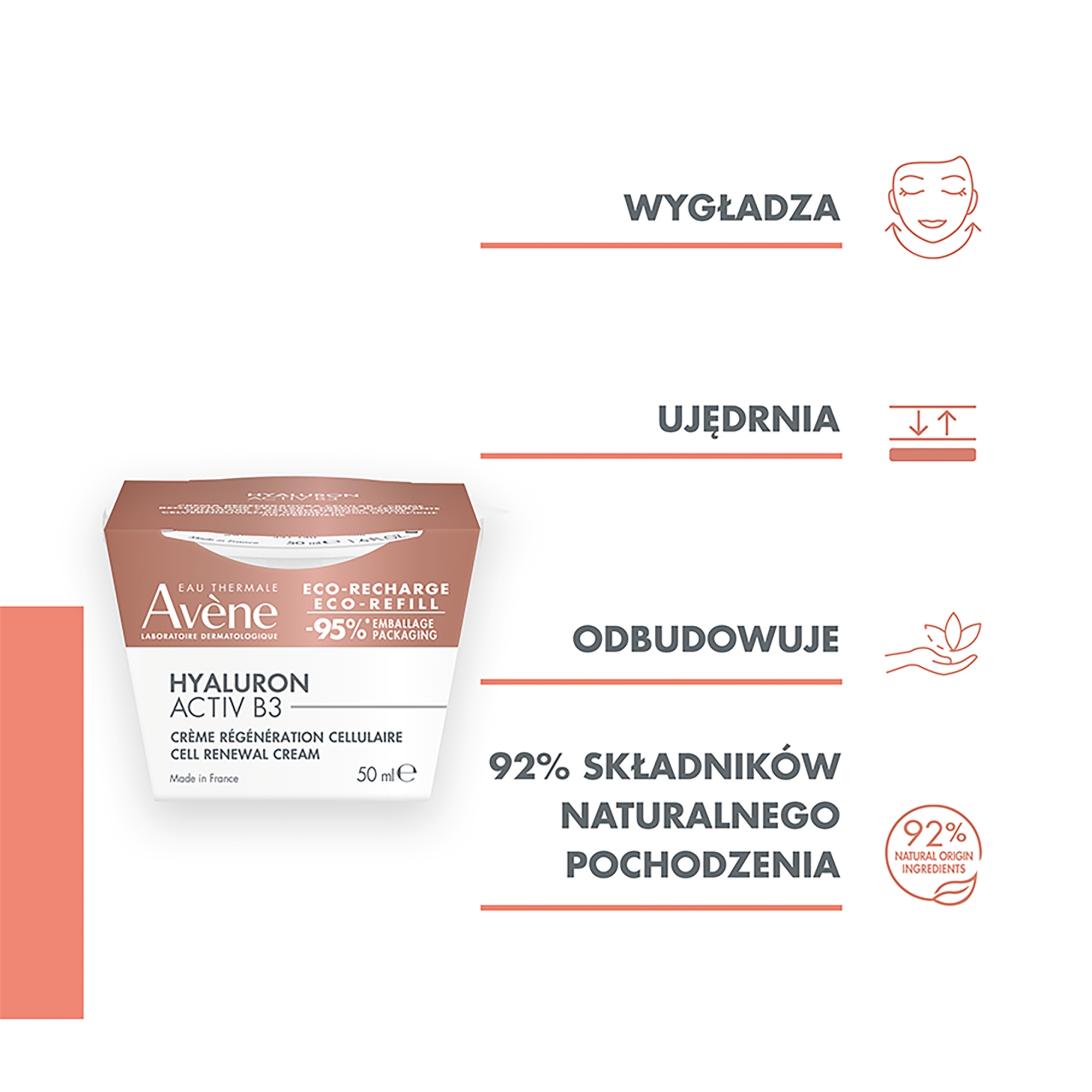 Avene Hyaluron Activ B3 Krem poprawiający napięcie skóry i korygujący zmarszczki wkład, 50 ml