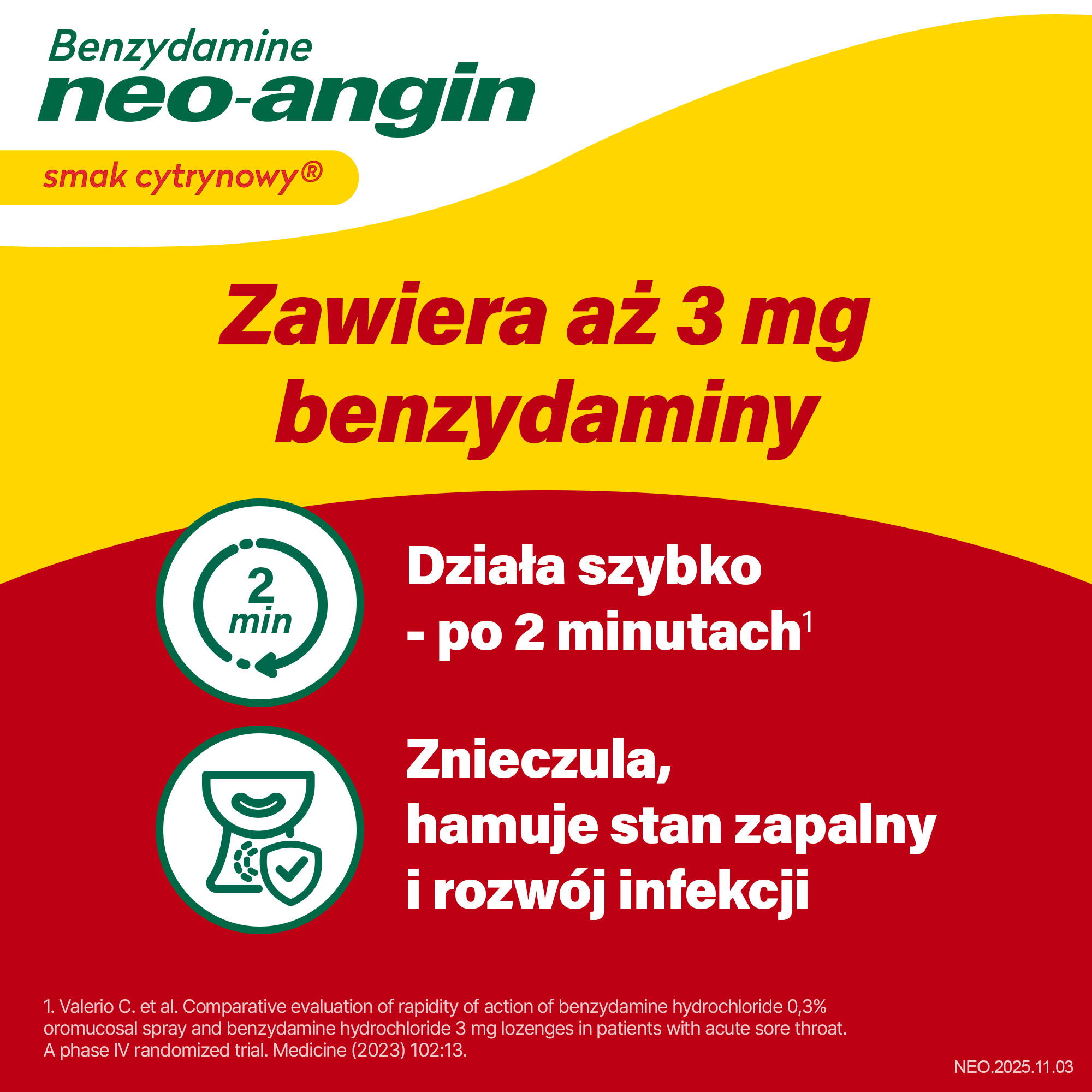 Benzydamine Neo-Angin 3 mg, smak cytrynowy, pastylki twarde, 20 sztuk