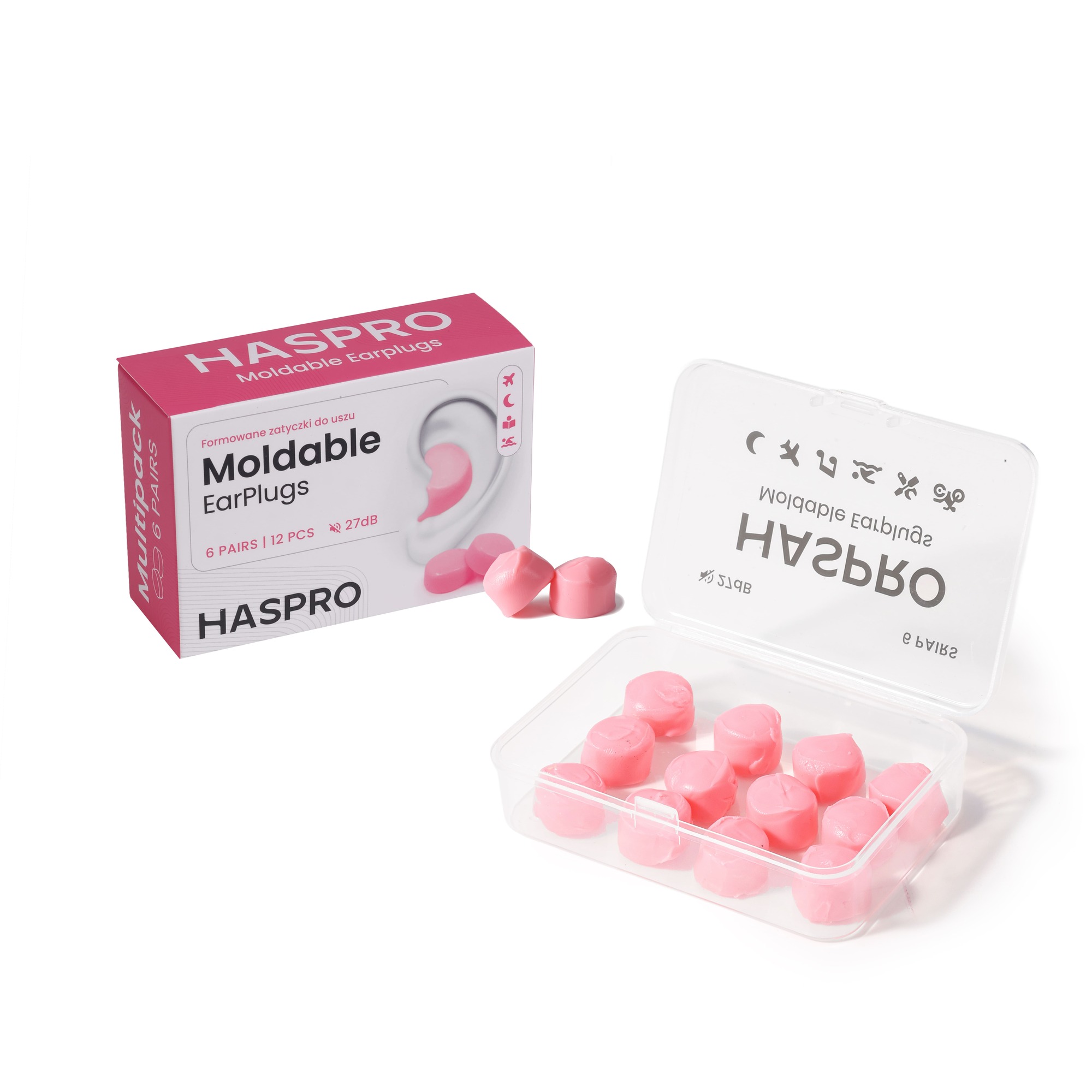 Haspro Moldable Eraplugs 27 dB Formowane zatyczki do uszu kolor różowy, 6 par