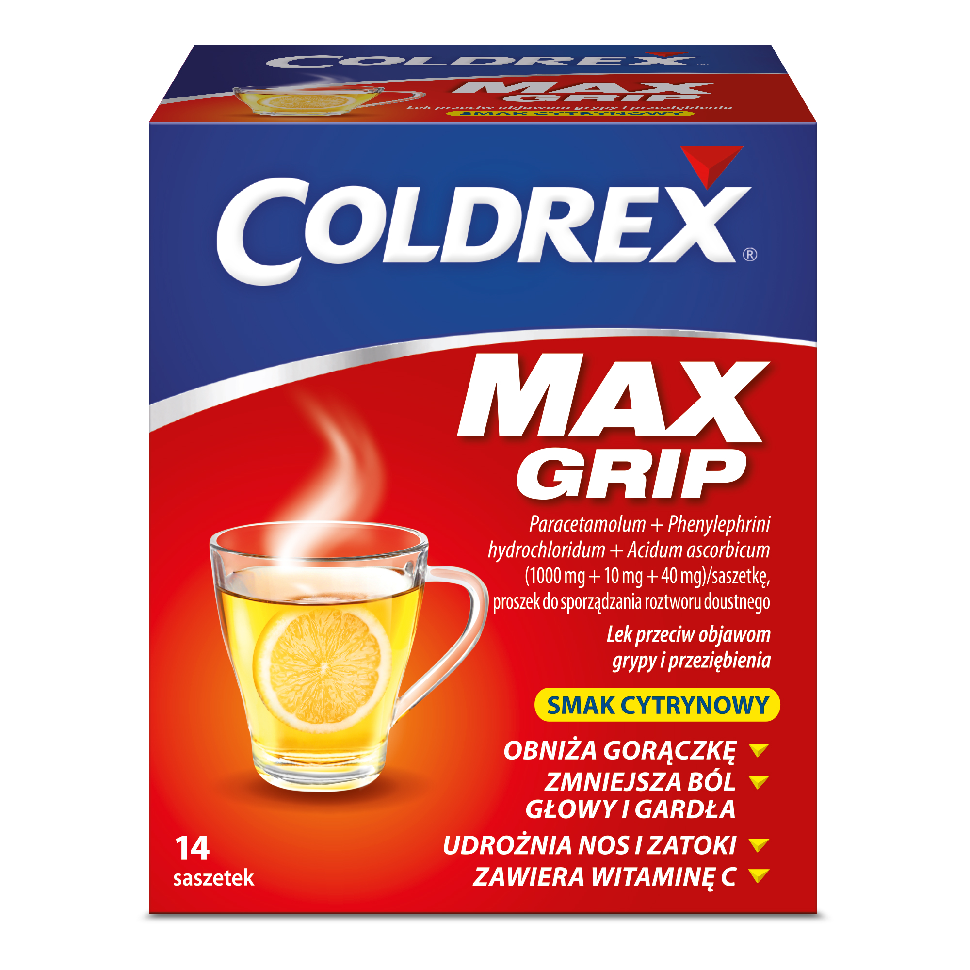 Coldrex MaxGrip 1000 mg + 10 mg + 40 mg o smaku cytrynowym 14 saszetek zdjęcie