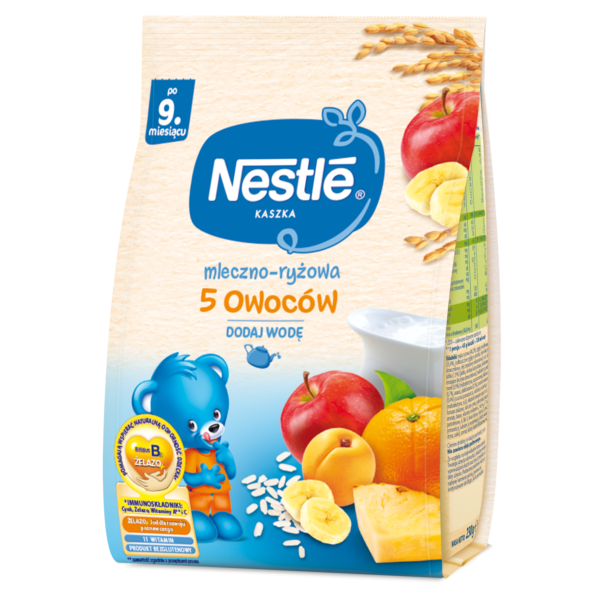 Nestle Kaszka mleczno-ryżowa 5 owoców po 9. miesiącu - 230 g - cena, opinie, stosowanie zdjęcie