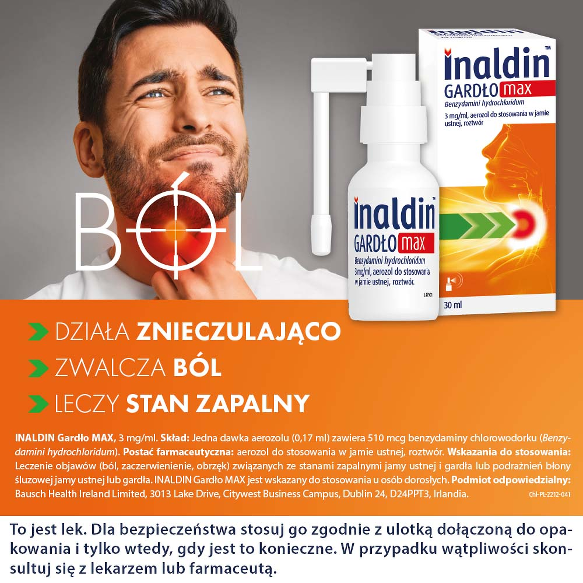 Inaldin Gardło Max 3 mg/ml aerozol do stosowania w jamie ustnej 30 ml